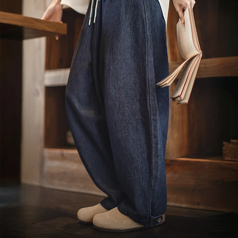 Premium Women's Retro Tapered Jeans – Soft Stretch Banana Pants with Elastic Drawstring Waist, Cool Blue Spring Trousers
